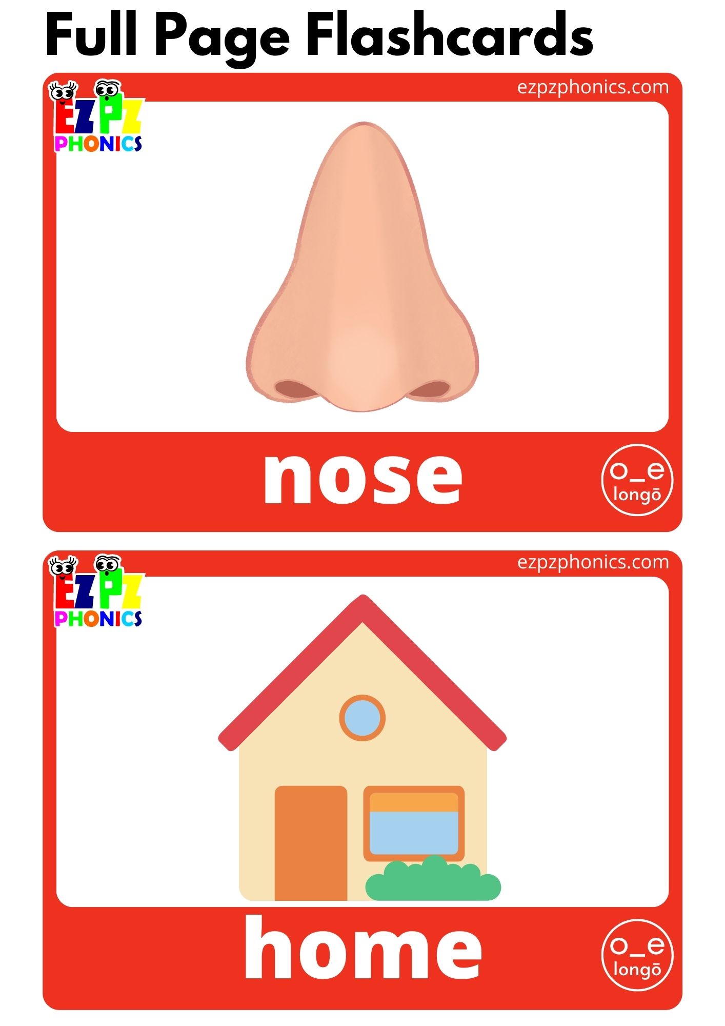 o_e Words Long O Vowel Sounds Flashcards with Images and Words Free Printable PDF Download and View Online for Teaching AEIOU Phonics to Kindergarten and ESL Students